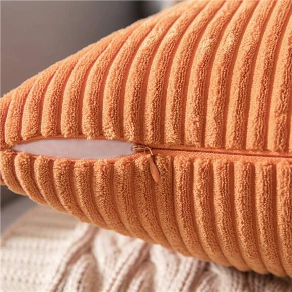 2 Fall Orange Pillow Covers Soft Boho Striped Corduroy Throw Pillow Cover Set - Picture 5 of 6